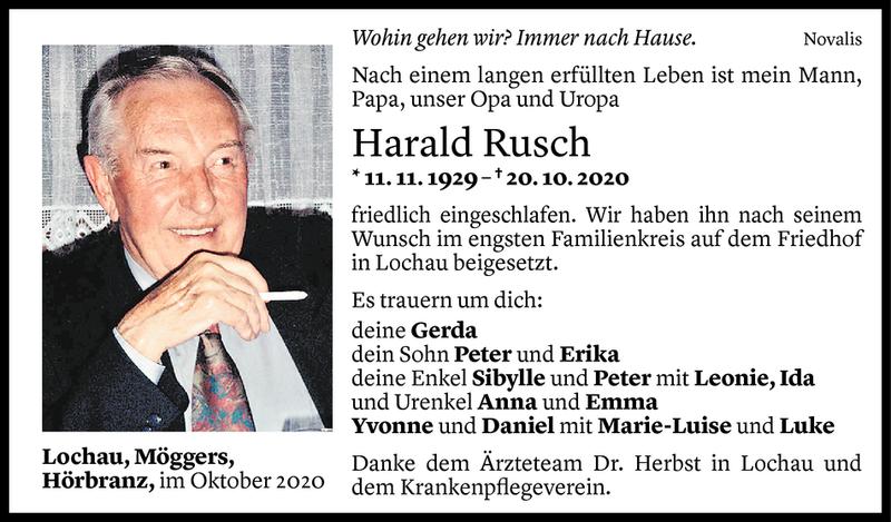  Todesanzeige für Harald Rusch vom 30.10.2020 aus Vorarlberger Nachrichten