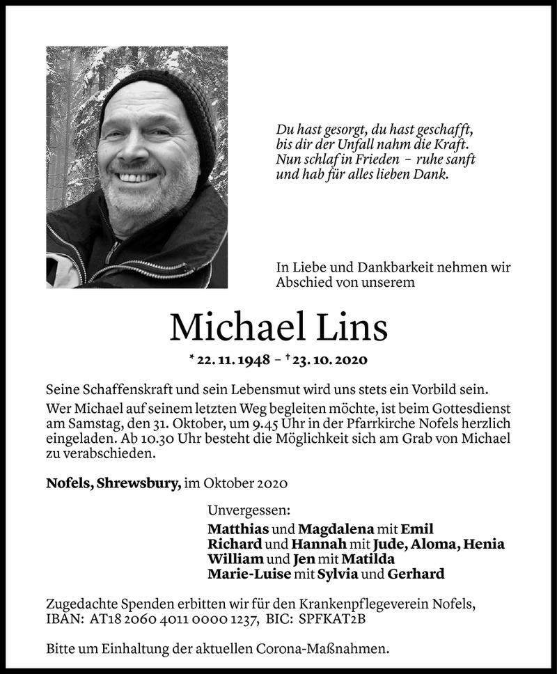  Todesanzeige für Michael Lins vom 29.10.2020 aus Vorarlberger Nachrichten