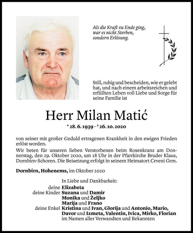  Todesanzeige für Milan Matic vom 27.10.2020 aus Vorarlberger Nachrichten