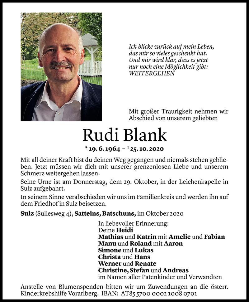  Todesanzeige für Rudi Blank vom 28.10.2020 aus Vorarlberger Nachrichten