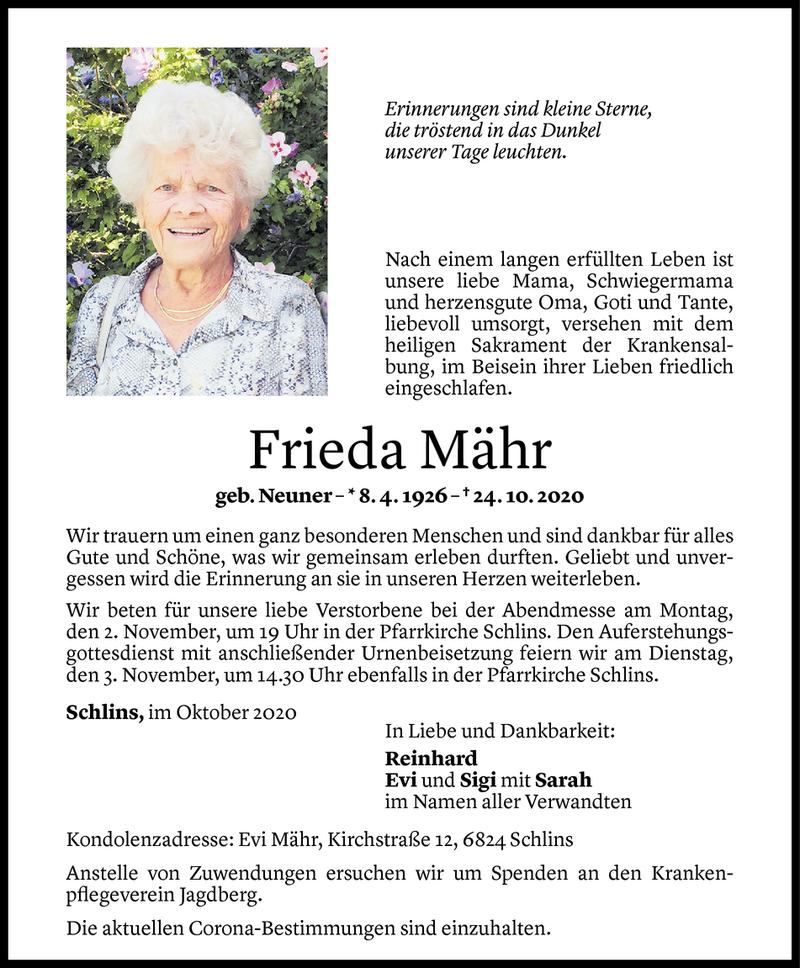  Todesanzeige für Frieda Mähr vom 31.10.2020 aus Vorarlberger Nachrichten