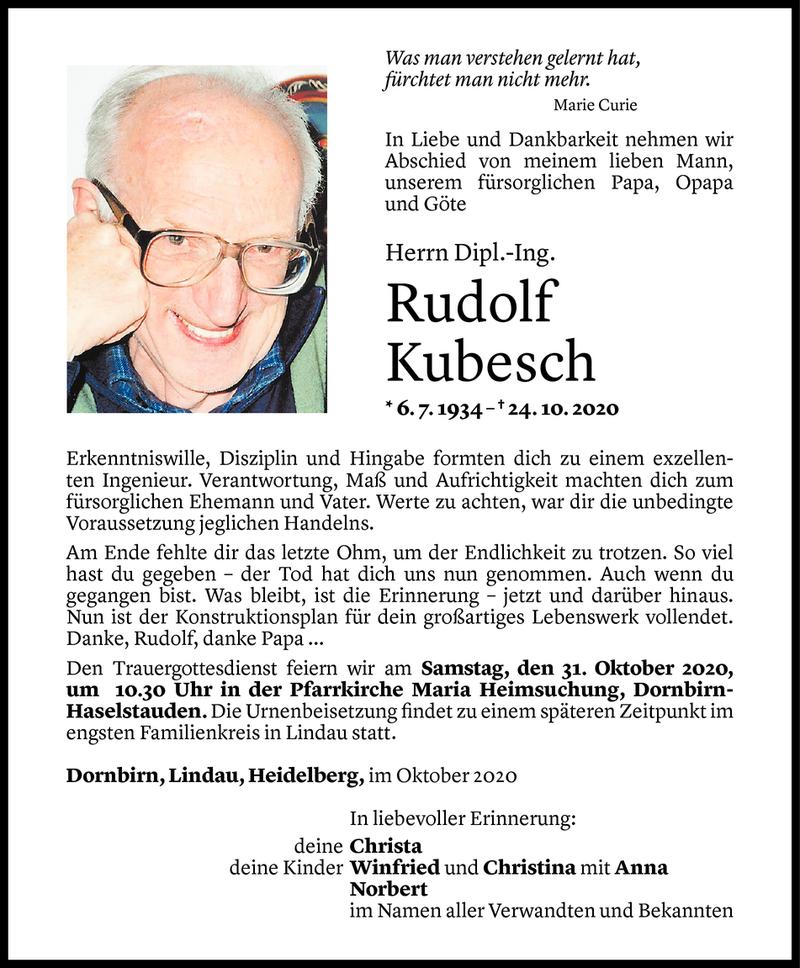  Todesanzeige für Rudolf Kubesch vom 28.10.2020 aus Vorarlberger Nachrichten