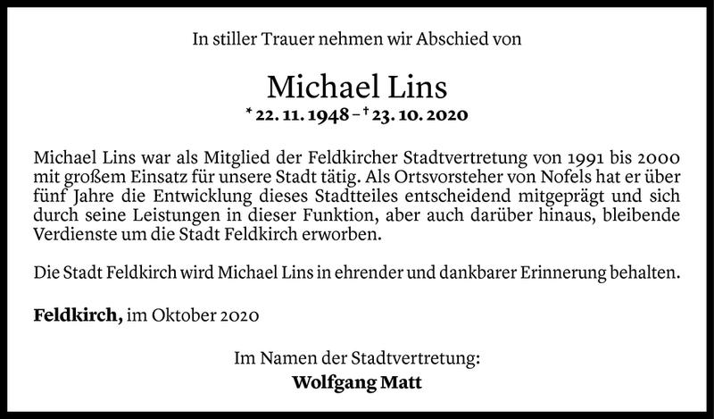  Todesanzeige für Michael Lins vom 29.10.2020 aus Vorarlberger Nachrichten