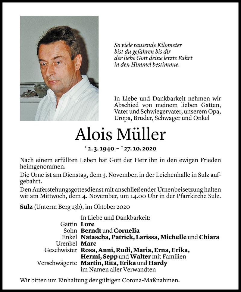  Todesanzeige für Alois Müller vom 31.10.2020 aus Vorarlberger Nachrichten