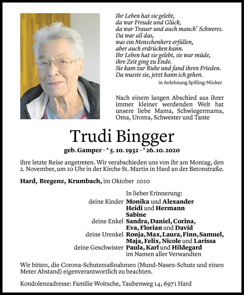  Todesanzeige für Trudi Bingger vom 28.10.2020 aus Vorarlberger Nachrichten