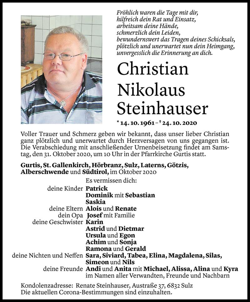  Todesanzeige für Christian Nikolaus Steinhauser vom 29.10.2020 aus Vorarlberger Nachrichten