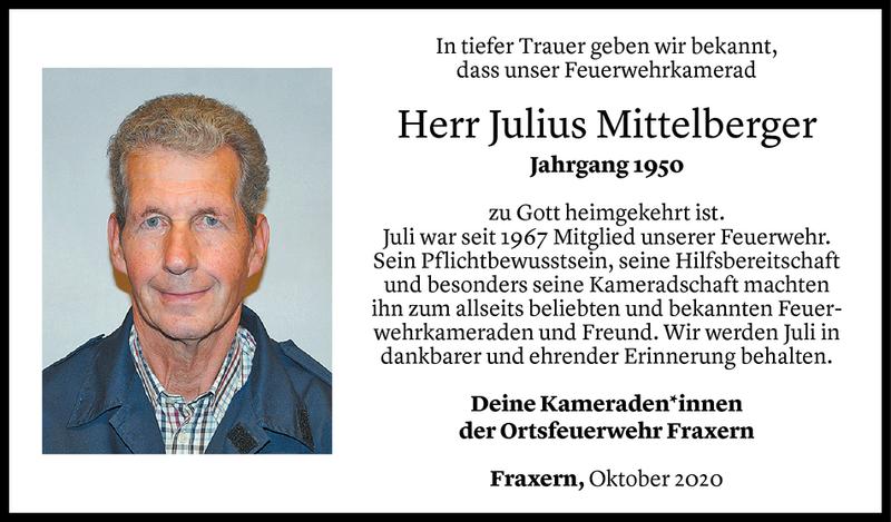  Todesanzeige für Julius Mittelberger vom 29.10.2020 aus Vorarlberger Nachrichten