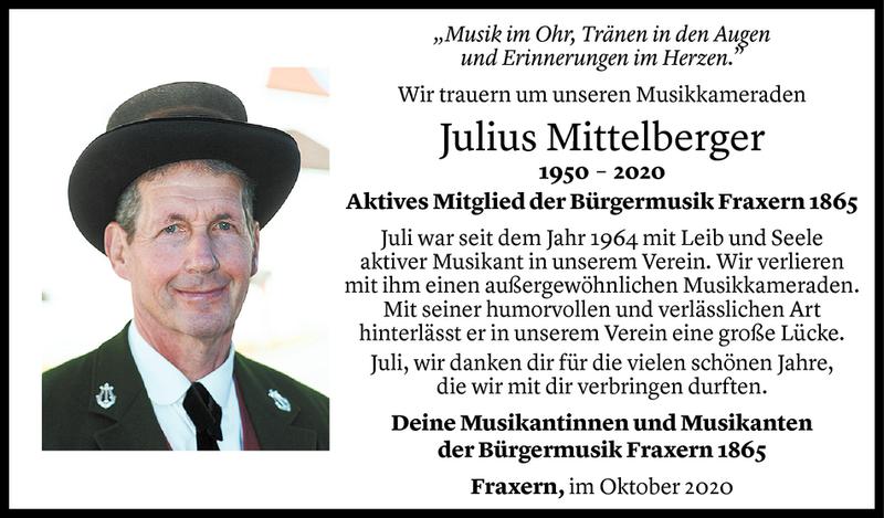  Todesanzeige für Julius Mittelberger vom 29.10.2020 aus Vorarlberger Nachrichten