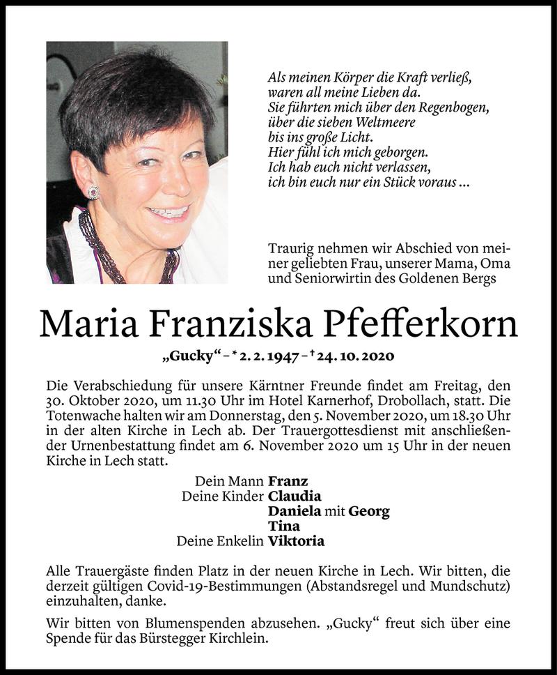  Todesanzeige für Maria Franziska Gucky Pfefferkorn vom 28.10.2020 aus Vorarlberger Nachrichten