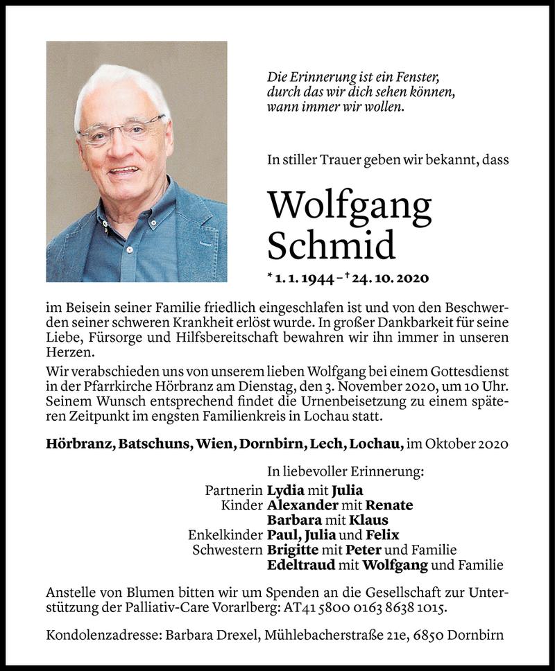  Todesanzeige für Wolfgang Schmid vom 30.10.2020 aus Vorarlberger Nachrichten