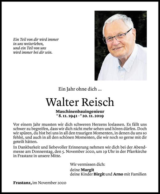 Todesanzeige von Walter Reisch von Vorarlberger Nachrichten