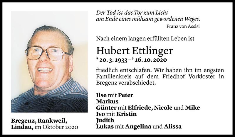  Todesanzeige für Hubert Ettlinger vom 31.10.2020 aus Vorarlberger Nachrichten