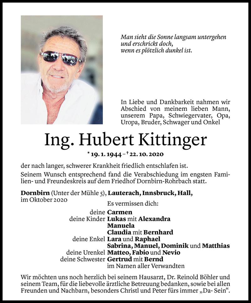  Todesanzeige für Hubert Kittinger vom 30.10.2020 aus Vorarlberger Nachrichten