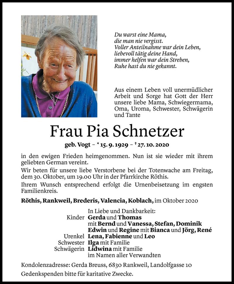  Todesanzeige für Pia Schnetzer vom 30.10.2020 aus Vorarlberger Nachrichten