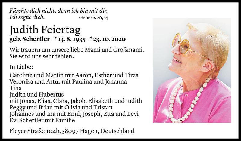  Todesanzeige für Judith Feiertag vom 30.10.2020 aus Vorarlberger Nachrichten