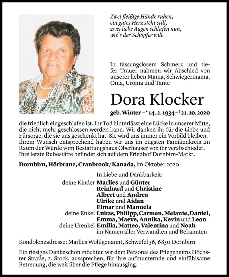  Todesanzeige für Dora Klocker vom 31.10.2020 aus Vorarlberger Nachrichten