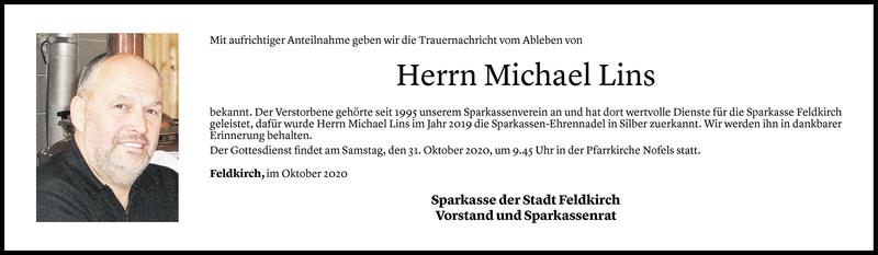  Todesanzeige für Michael Lins vom 29.10.2020 aus Vorarlberger Nachrichten