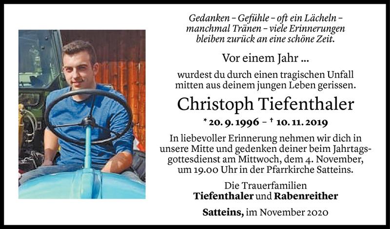  Todesanzeige für Christoph Tiefenthaler vom 02.11.2020 aus Vorarlberger Nachrichten