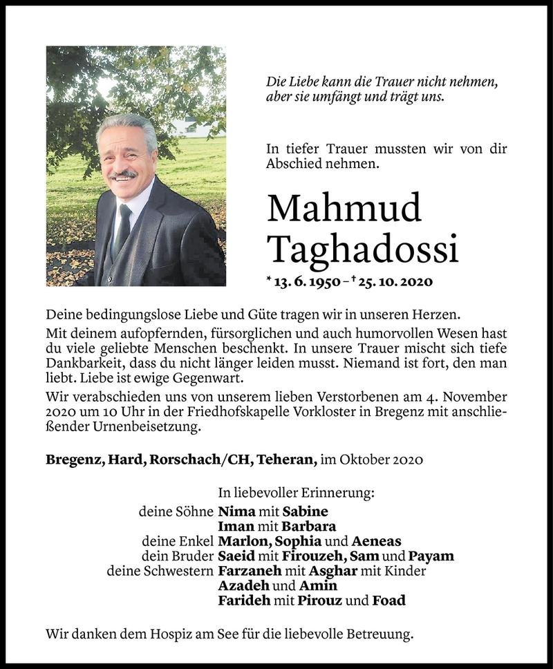  Todesanzeige für Mahmud Taghadossi vom 30.10.2020 aus Vorarlberger Nachrichten