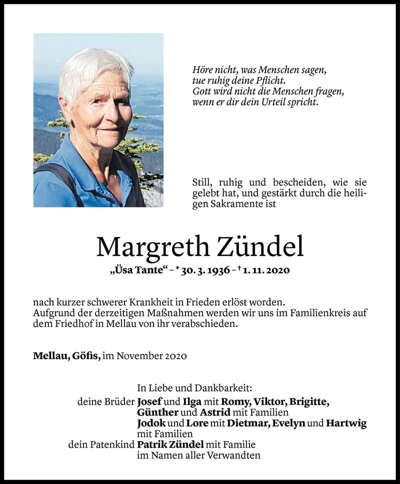  Todesanzeige für Margreth Zündel vom 03.11.2020 aus Vorarlberger Nachrichten