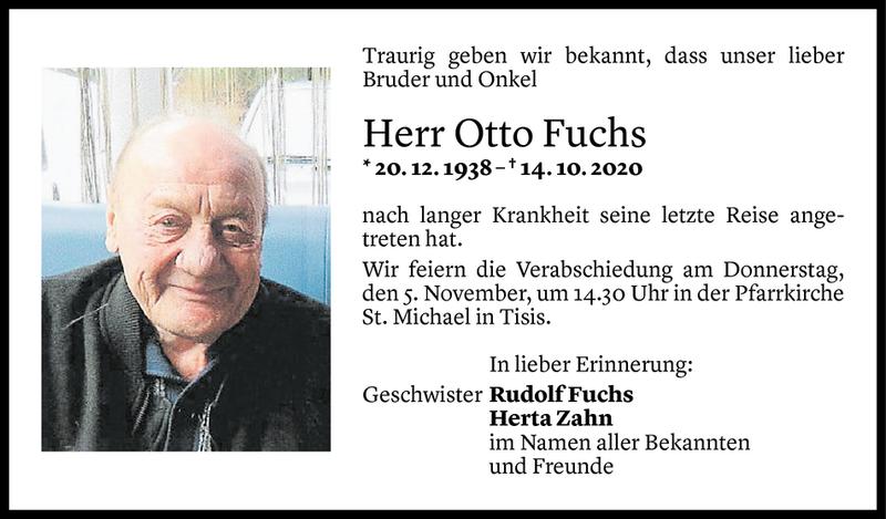  Todesanzeige für Otto Fuchs vom 02.11.2020 aus Vorarlberger Nachrichten