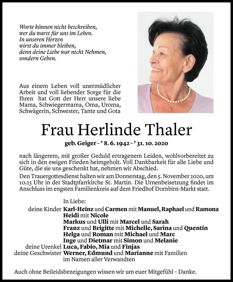  Todesanzeige für Herlinde Thaler vom 02.11.2020 aus Vorarlberger Nachrichten