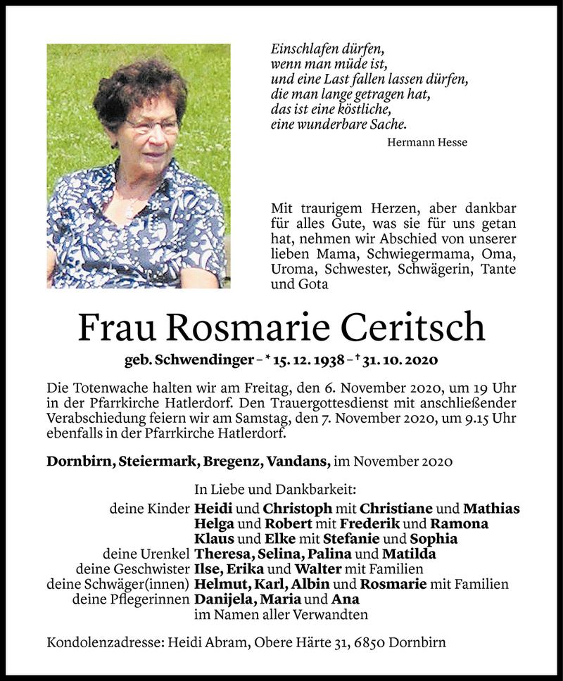  Todesanzeige für Rosmarie Ceritsch vom 03.11.2020 aus Vorarlberger Nachrichten