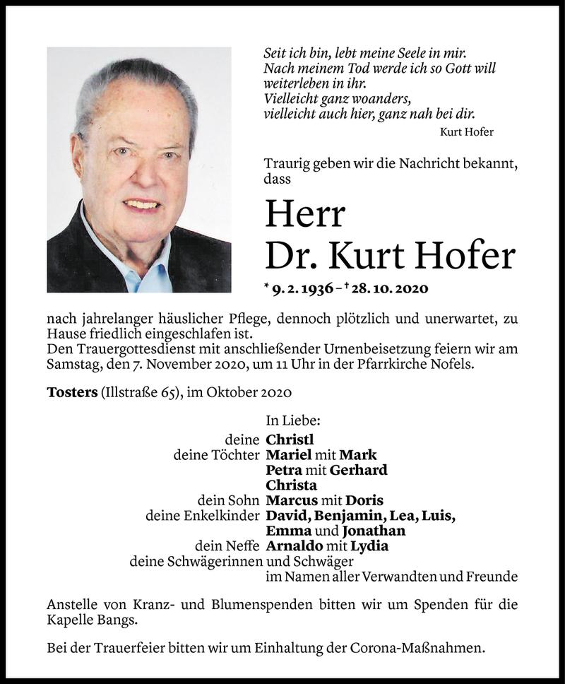  Todesanzeige für Kurt Hofer vom 03.11.2020 aus Vorarlberger Nachrichten