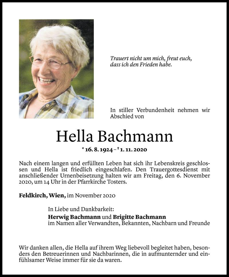  Todesanzeige für Hella Bachmann vom 03.11.2020 aus Vorarlberger Nachrichten
