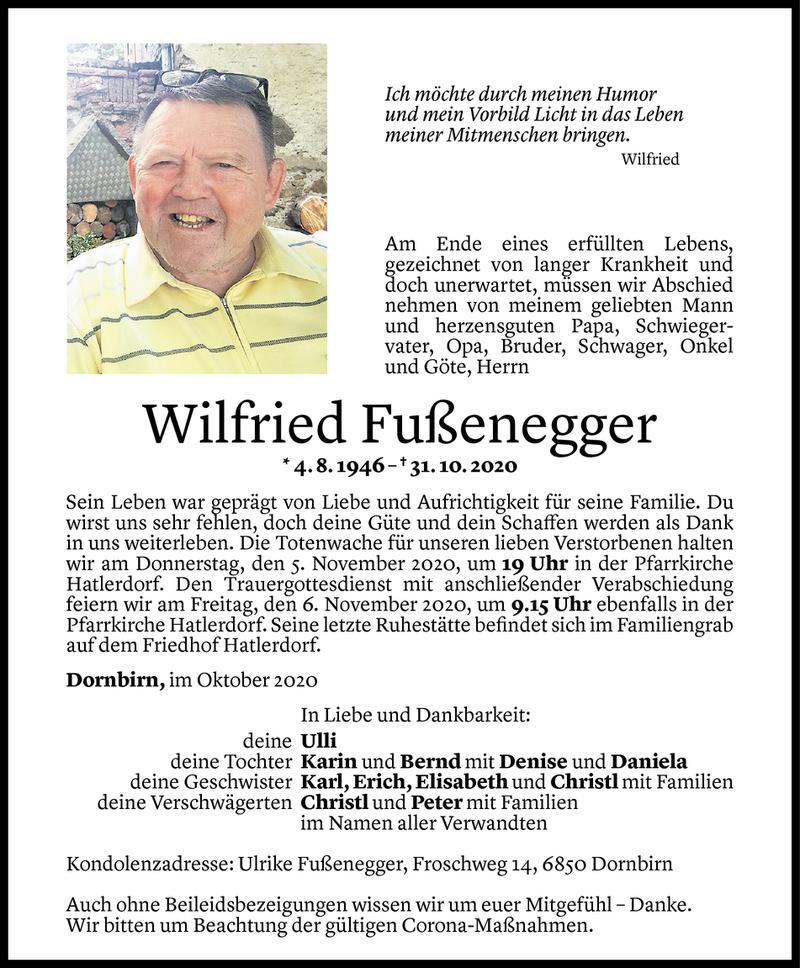  Todesanzeige für Wilfried Fußenegger vom 03.11.2020 aus Vorarlberger Nachrichten