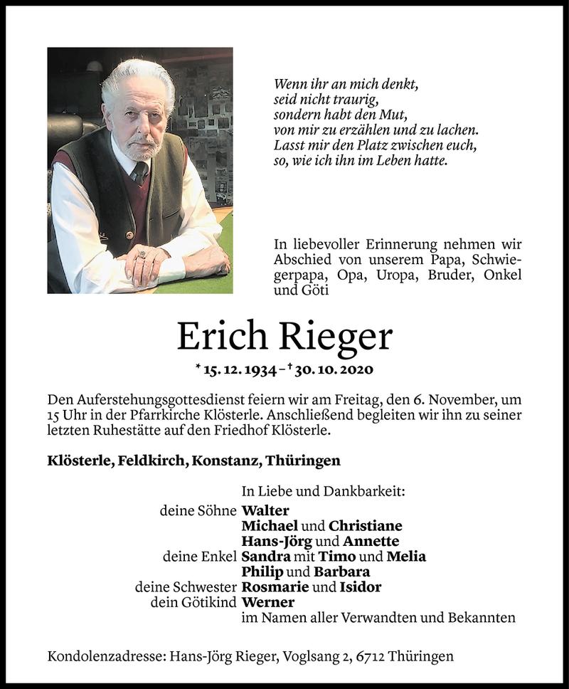  Todesanzeige für Erich Rieger vom 03.11.2020 aus Vorarlberger Nachrichten