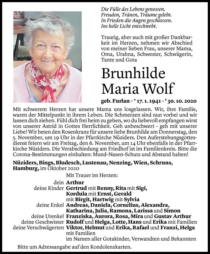  Todesanzeige für Brunhilde Maria Wolf vom 04.11.2020 aus Vorarlberger Nachrichten