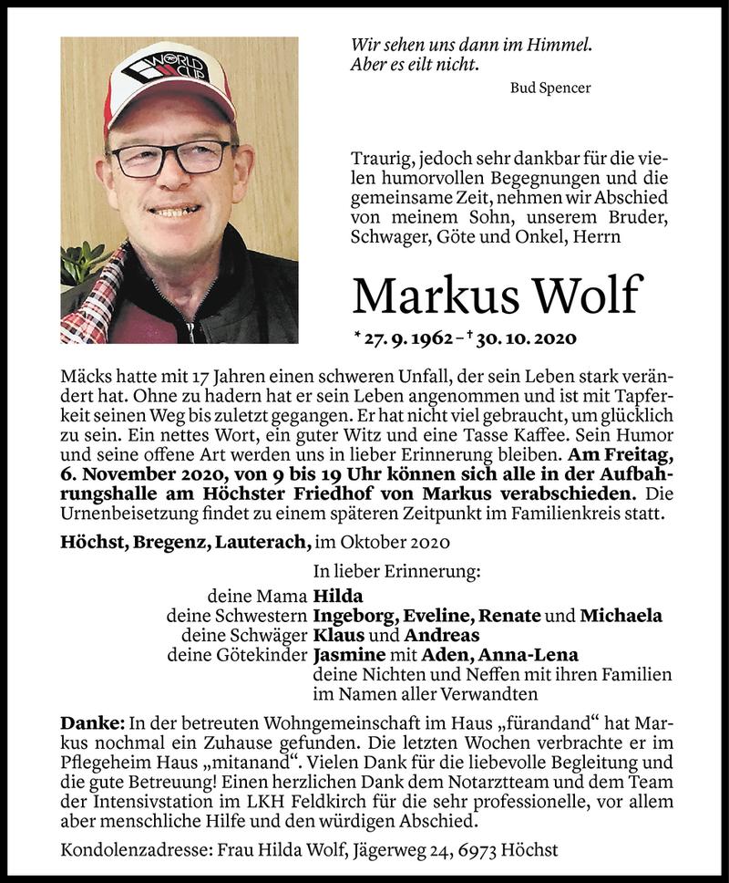  Todesanzeige für Markus Wolf vom 03.11.2020 aus Vorarlberger Nachrichten