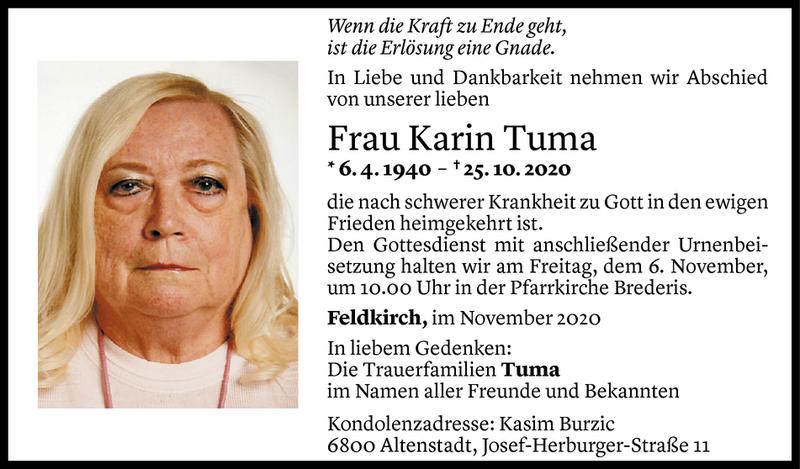  Todesanzeige für Karin Tuma vom 04.11.2020 aus Vorarlberger Nachrichten