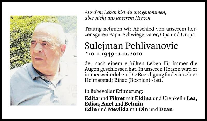  Todesanzeige für Sulejman Pehlivanovic vom 03.11.2020 aus Vorarlberger Nachrichten