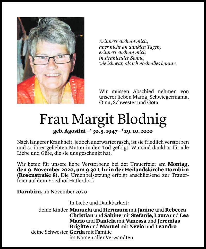  Todesanzeige für Margit Blodnig vom 04.11.2020 aus Vorarlberger Nachrichten
