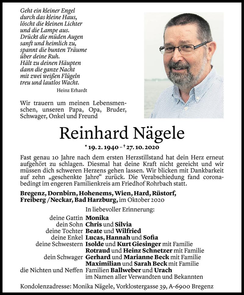  Todesanzeige für Reinhard Nägele vom 07.11.2020 aus Vorarlberger Nachrichten