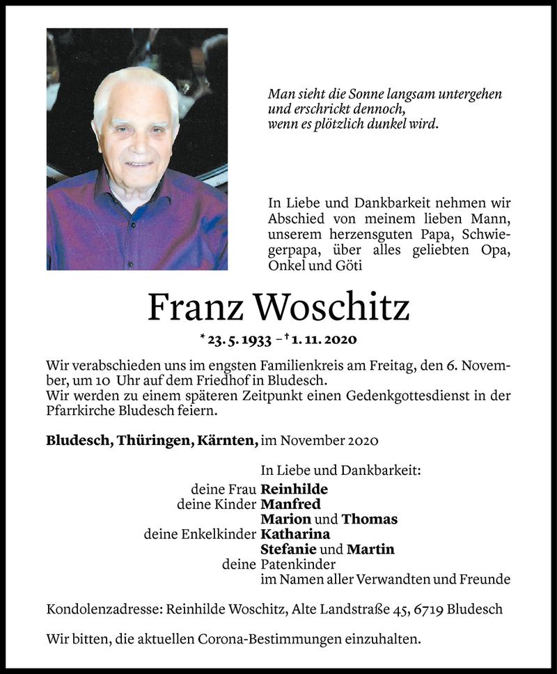  Todesanzeige für Franz Woschitz vom 04.11.2020 aus Vorarlberger Nachrichten