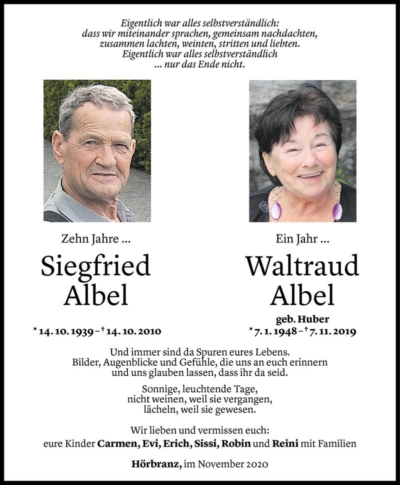  Todesanzeige für Siegfried und Waltraud Albel vom 06.11.2020 aus Vorarlberger Nachrichten