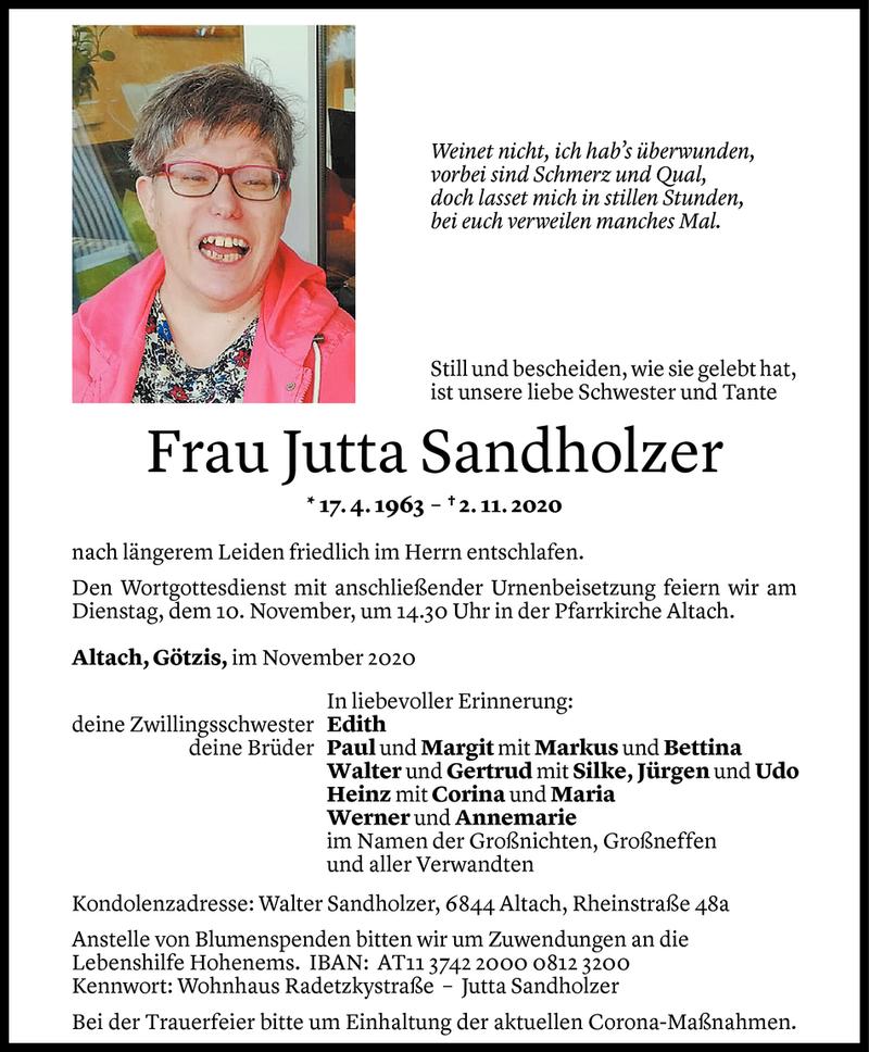  Todesanzeige für Jutta Sandholzer vom 06.11.2020 aus Vorarlberger Nachrichten