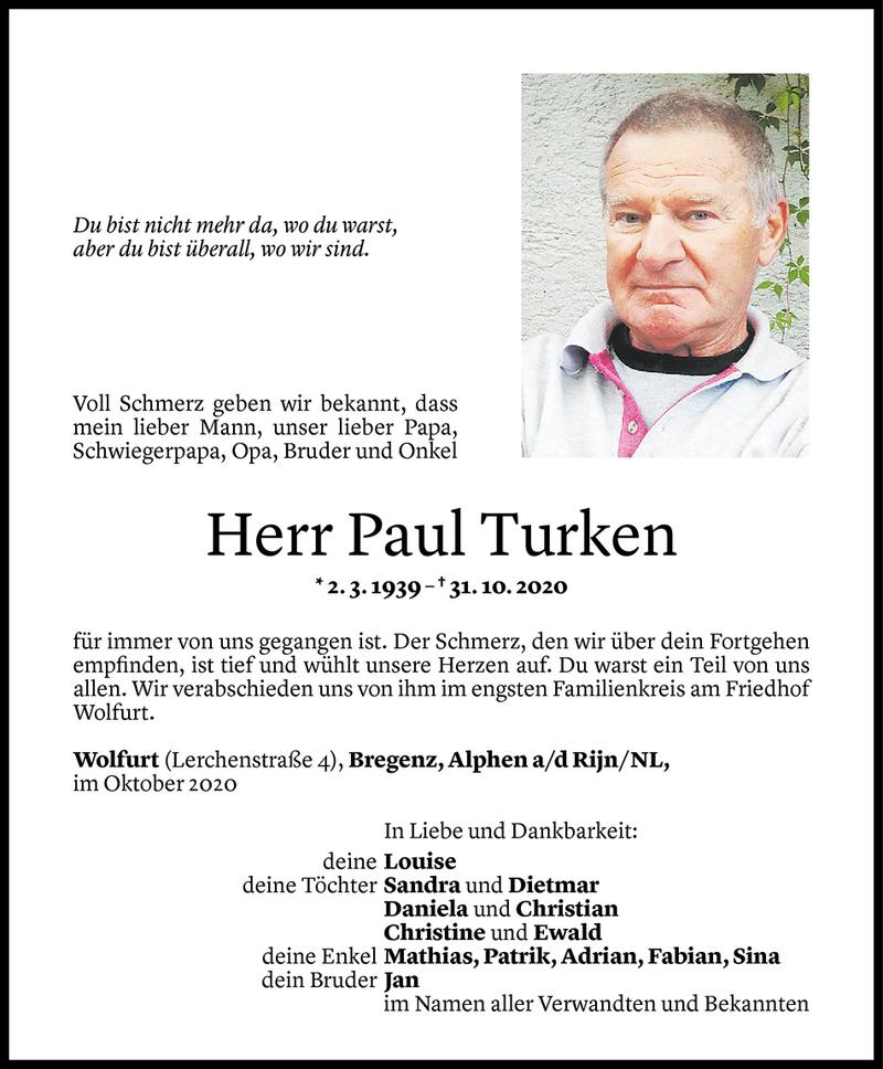  Todesanzeige für Paul Turken vom 05.11.2020 aus Vorarlberger Nachrichten