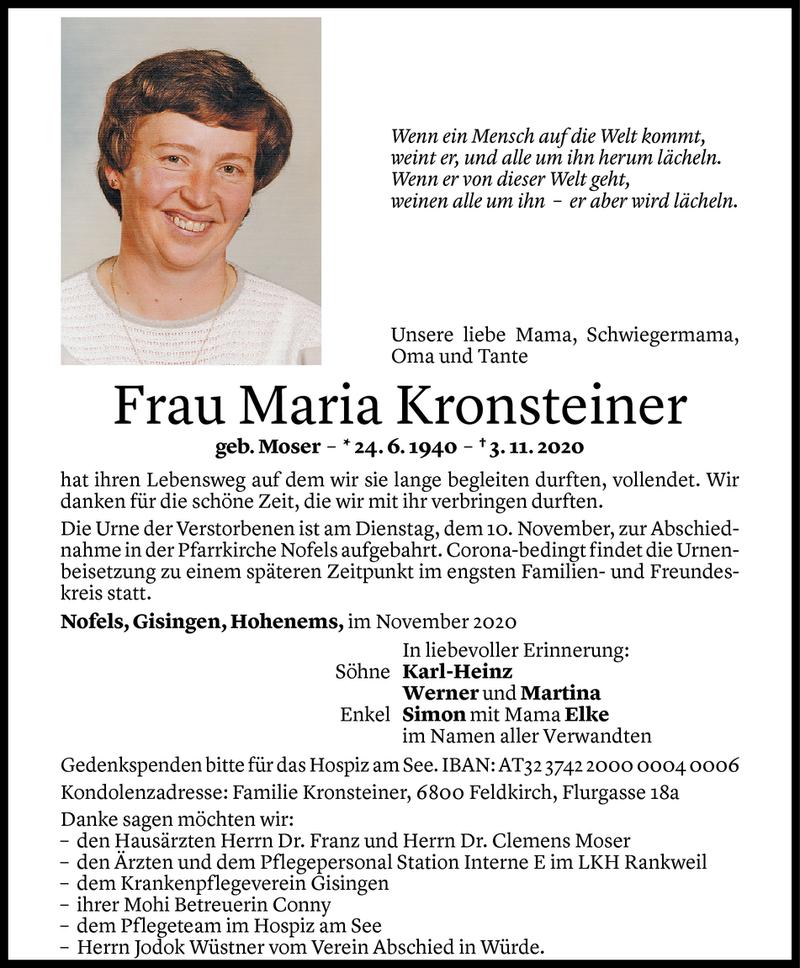  Todesanzeige für Maria Kronsteiner vom 07.11.2020 aus Vorarlberger Nachrichten