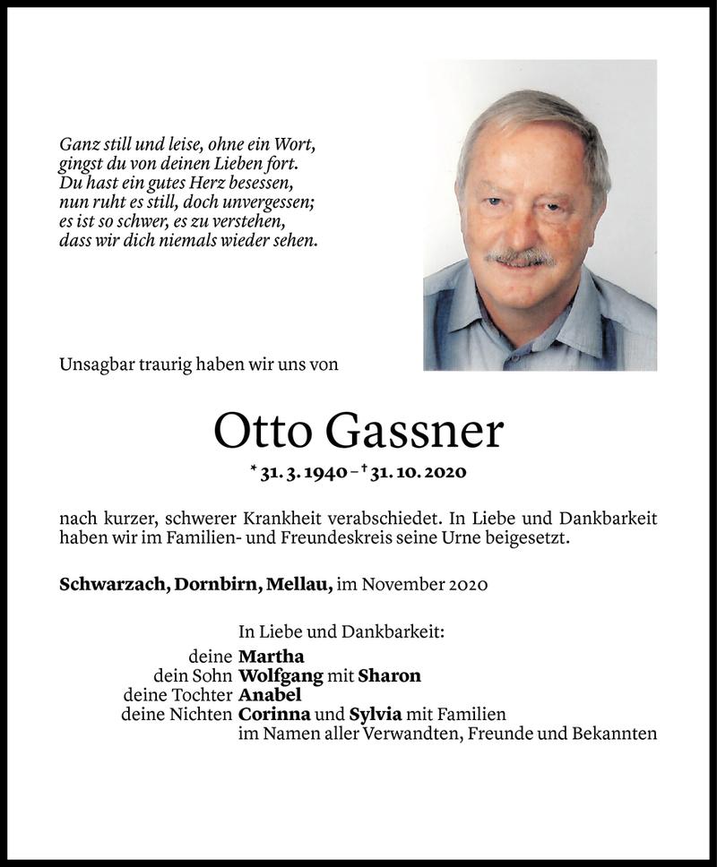  Todesanzeige für Otto Gassner vom 09.11.2020 aus Vorarlberger Nachrichten