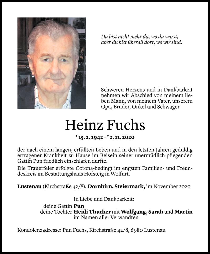  Todesanzeige für Heinz Fuchs vom 07.11.2020 aus Vorarlberger Nachrichten