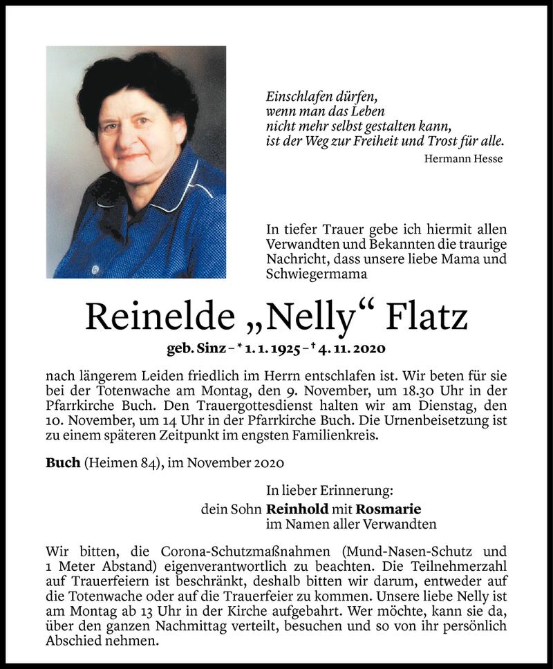  Todesanzeige für Reinelde Flatz vom 06.11.2020 aus Vorarlberger Nachrichten