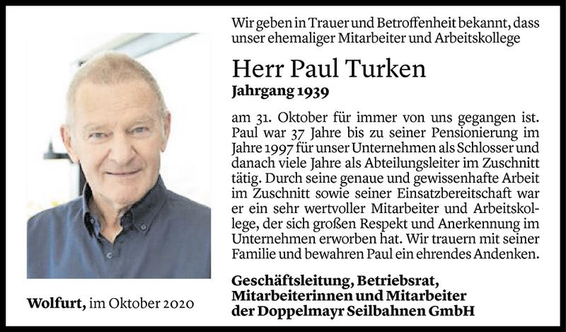  Todesanzeige für Paul Turken vom 06.11.2020 aus Vorarlberger Nachrichten