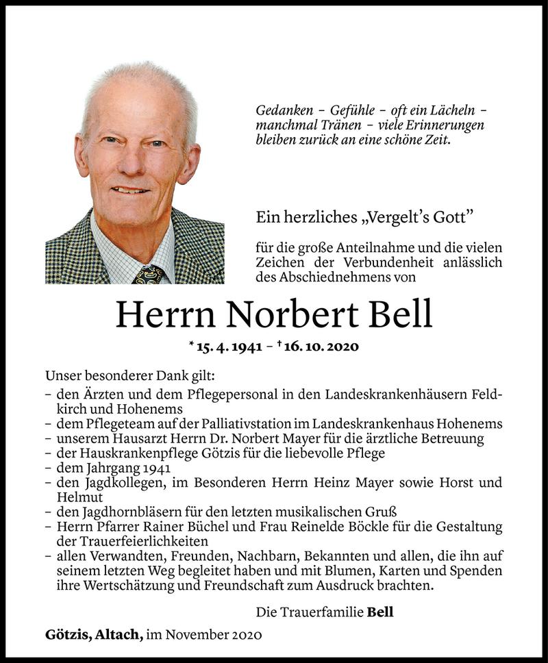  Todesanzeige für Norbert Bell vom 07.11.2020 aus Vorarlberger Nachrichten
