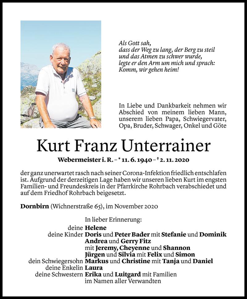  Todesanzeige für Kurt Unterrainer vom 09.11.2020 aus Vorarlberger Nachrichten