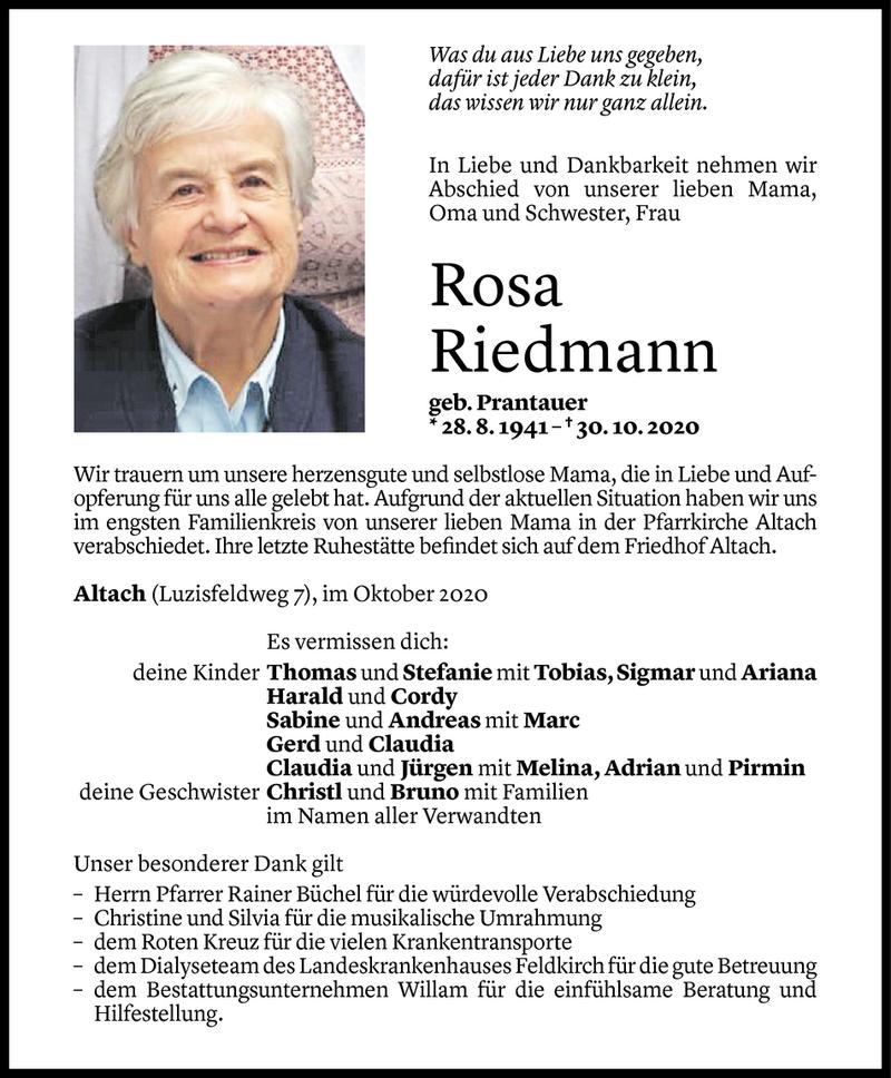  Todesanzeige für Rosa Riedmann vom 07.11.2020 aus Vorarlberger Nachrichten