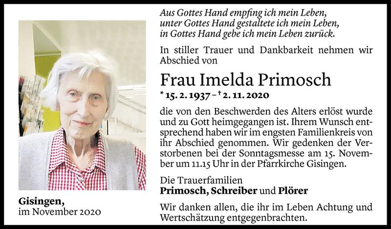  Todesanzeige für Imelda Primosch vom 08.11.2020 aus Vorarlberger Nachrichten